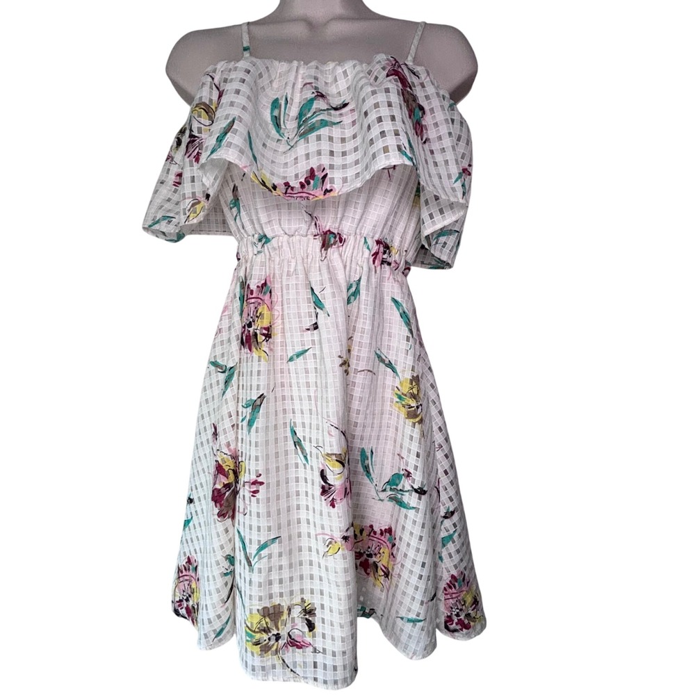 Lily Brown Waffle Mesh Floral Ruffle Fit Flare Mini Dress Off White Womens Sz S